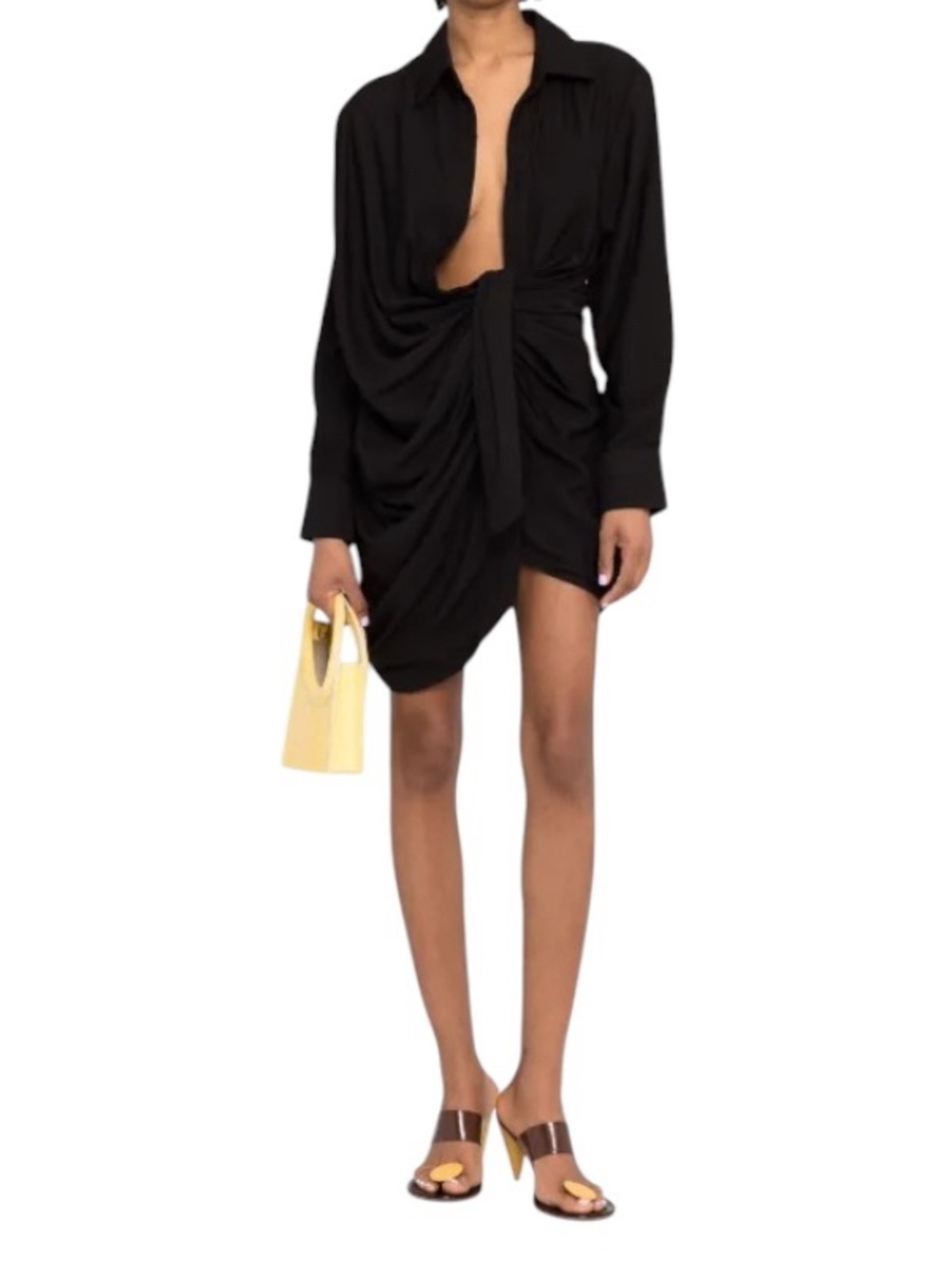 Jacquemus black Bahia wrap mini long sleeve shirt dress